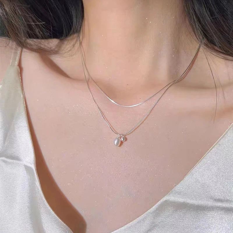 925 Silver Pearl Necklace Geometric Shape Choker Gift for Ladies