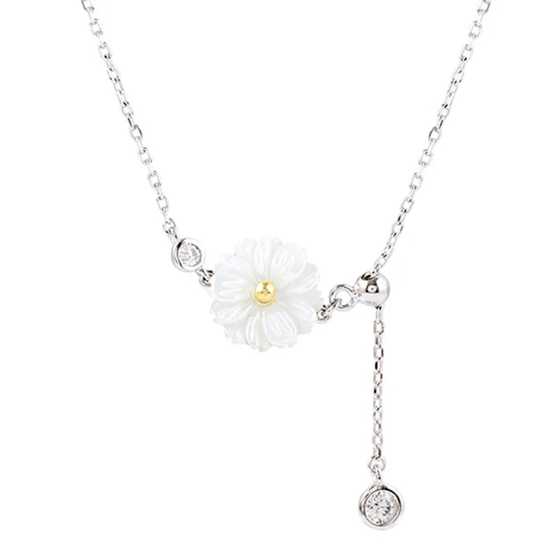 925 Silver Shell Chrysanthemum Tassel Necklace