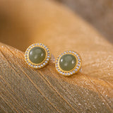 925 Silver Plated Nephrite Jade Stud Earrings for Women