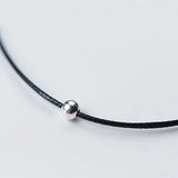 925 Silver PU Leather Choker Necklace Smooth Ball Bead Girls