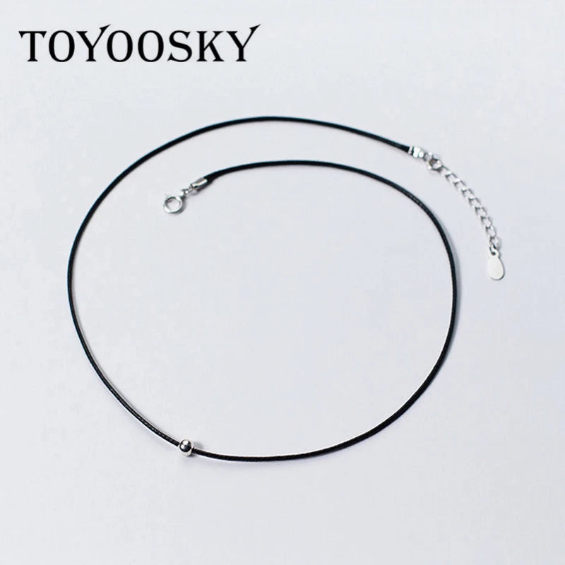 925 Silver PU Leather Choker Necklace Smooth Ball Bead Girls