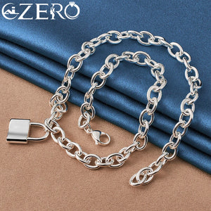 925 Silver Square Lock Pendant Necklace 18 Inch Chain