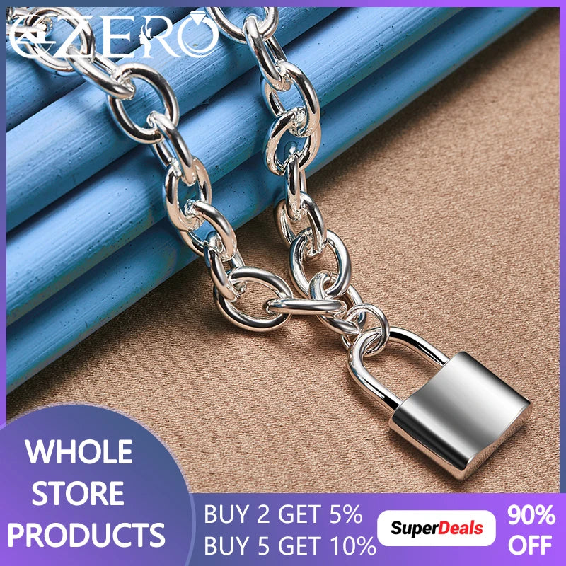 925 Silver Square Lock Pendant Necklace 18 Inch Chain