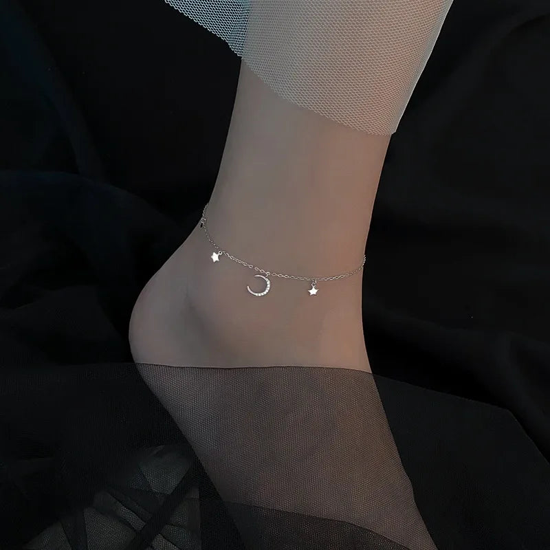 925 Silver Snake Star Moon Anklet Summer Jewelry Women Gift
