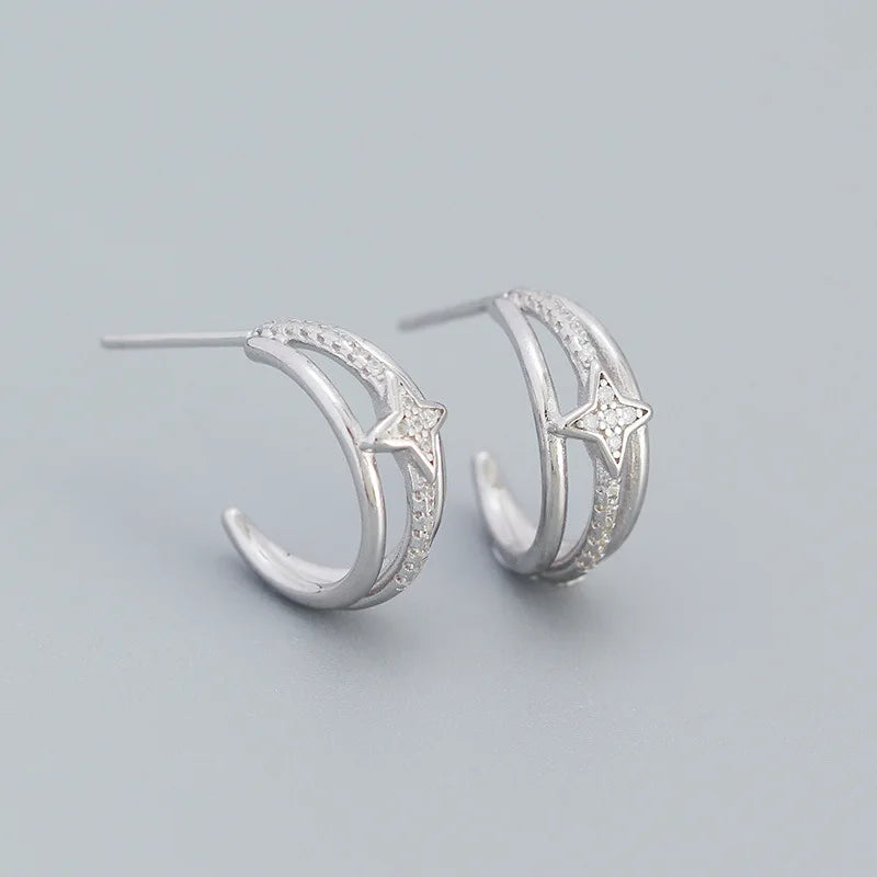 925 Silver Star Stud Earrings 3-Layer Boho Clip Jewelry Women