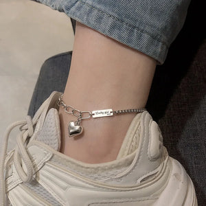 Sterling Silver Summer Anklet Bracelet with LOVE Heart Pendant