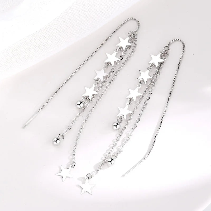 925 Silver Tassel Star Drop Earrings Christmas Gift Jewelry