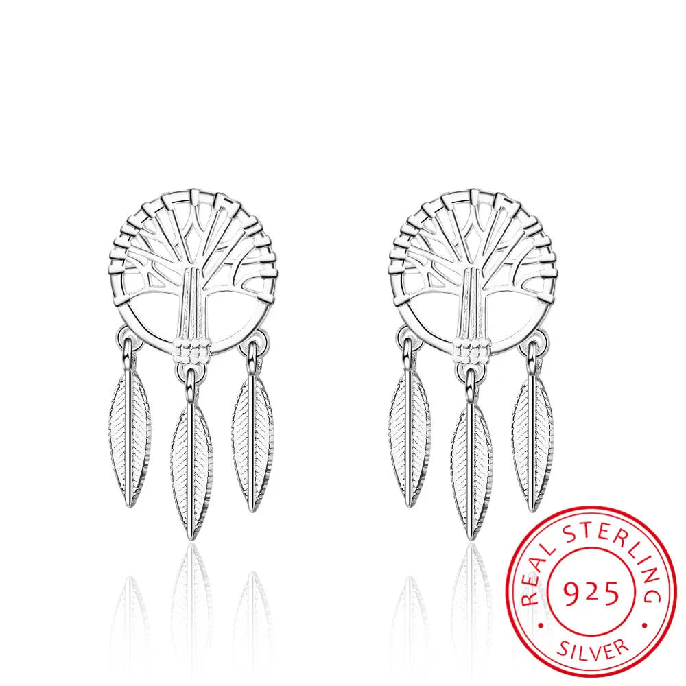 925 Silver Tree Of Life Dream Catcher Stud Earrings Women Vintage Jewelry