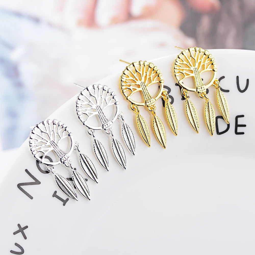 925 Silver Tree Of Life Dream Catcher Stud Earrings Women Vintage Jewelry