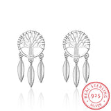 925 Silver Tree Of Life Dream Catcher Stud Earrings Women Vintage Jewelry