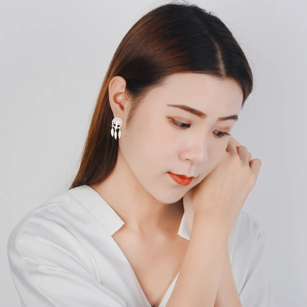 925 Silver Tree Of Life Dream Catcher Stud Earrings Women Vintage Jewelry