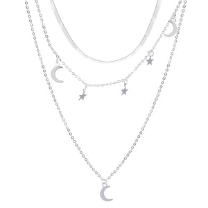 925 Silver Triple Layer Necklace Moon Star Pendant Choker