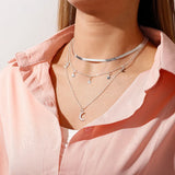 925 Silver Triple Layer Necklace Moon Star Pendant Choker