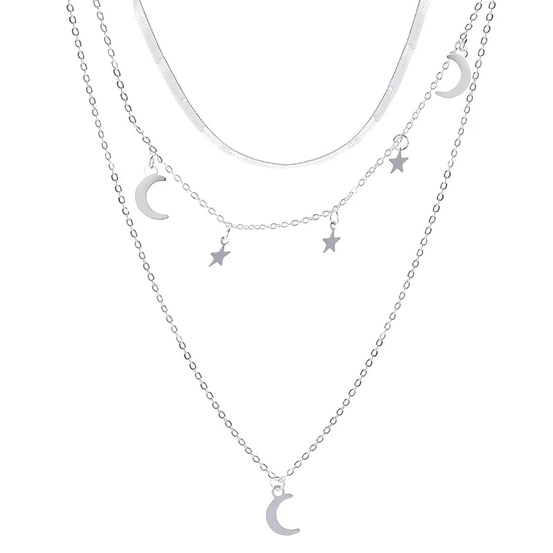 925 Silver Triple Layer Necklace Moon Star Pendant Choker