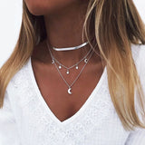 925 Silver Triple Layer Necklace Moon Star Pendant Choker