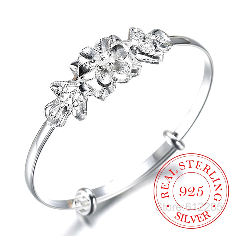 925 Silver Woman Cuff Bracelet Flower Lucky Bangle Retro Bridesmaid Jewelry