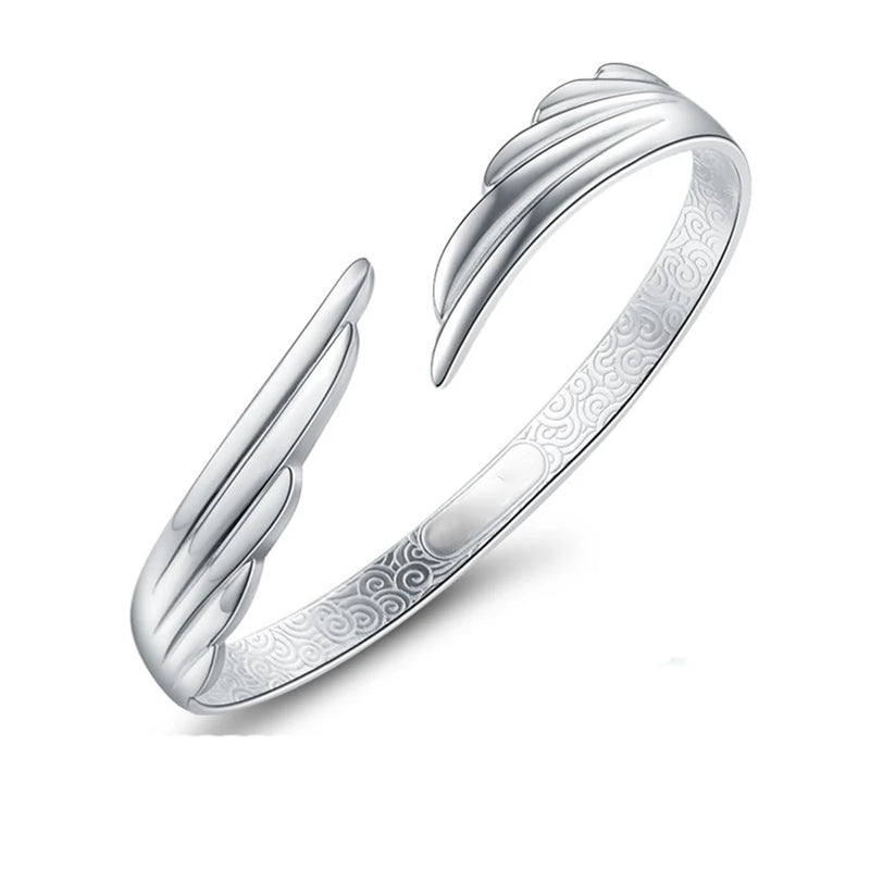 925 Sterling Silver Angel Wing Cuff Bracelet, Lucky Bangle for Women