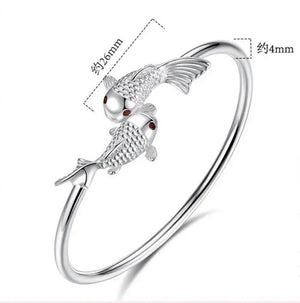 925 Silver Woman Cuff Bracelet Double Fish Adjustable Vintage Bangle