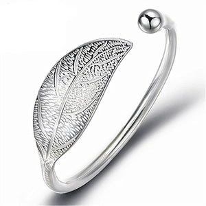 925 Silver Leaf Cuff Bracelet Open Charm Bangle Adjustable Girls Party Jewelry