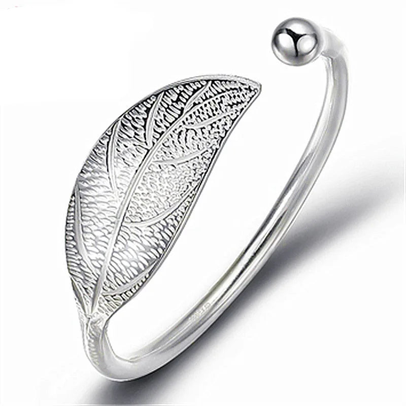 925 Silver Leaf Cuff Bracelet Open Charm Bangle Adjustable Girls Party Jewelry