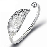 925 Silver Leaf Cuff Bracelet Open Charm Bangle Adjustable Girls Party Jewelry