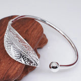 925 Silver Leaf Cuff Bracelet Adjustable Bangle Girls Party Jewelry