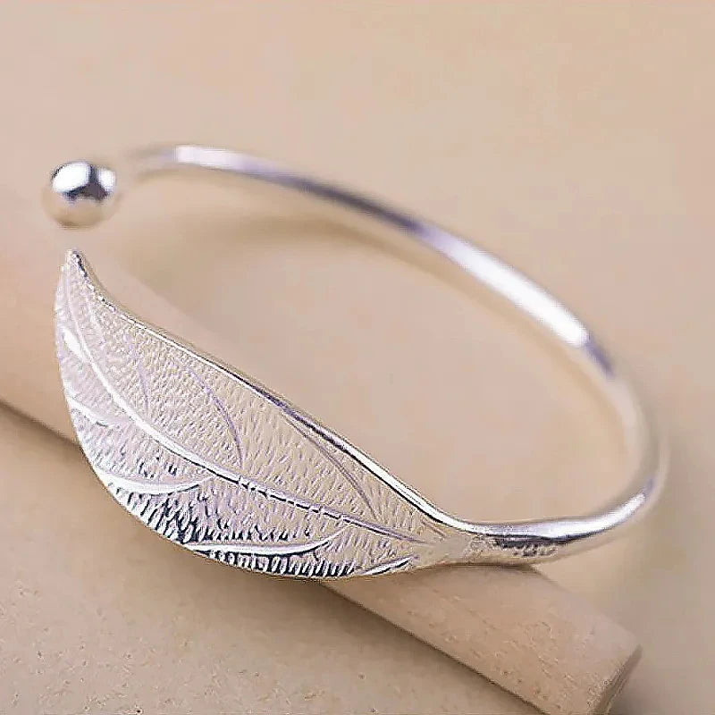 925 Silver Leaf Cuff Bracelet Adjustable Charm Bangle Girls Party Jewelry