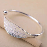 925 Silver Leaf Cuff Bracelet Adjustable Charm Bangle Girls Party Jewelry