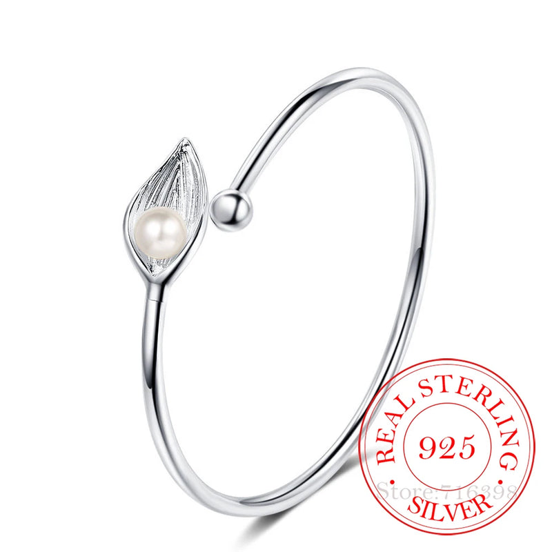 925 Silver Pearl Leaf Cuff Bracelet Adjustable Charm Bangle