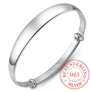 925 Silver Woman Cuff Bracelet Open Thick Glossy Adjustable Vintage Bangle