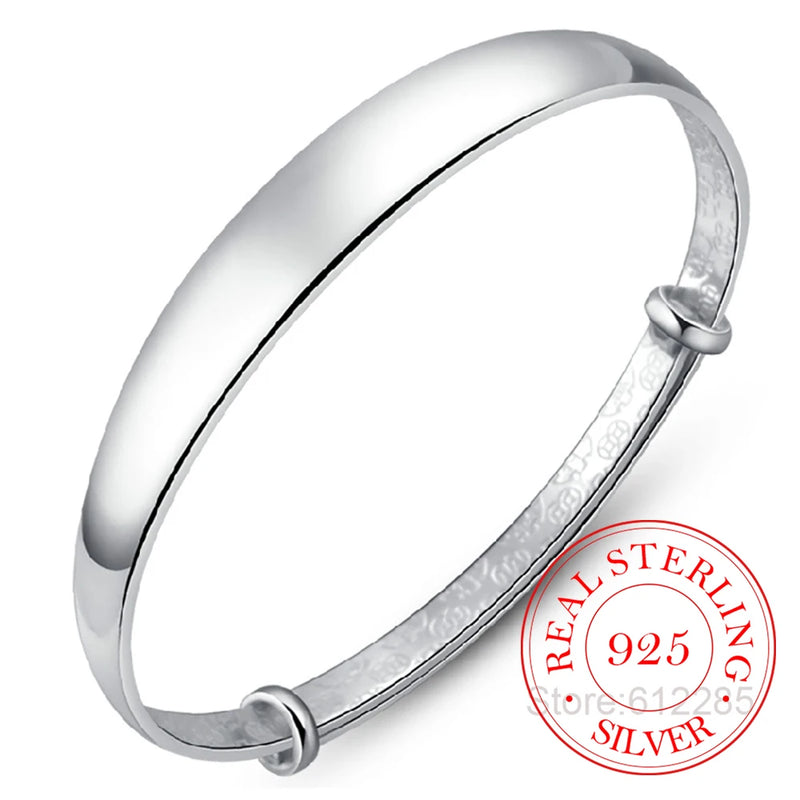 925 Silver Woman Cuff Bracelet Open Thick Glossy Adjustable Vintage Bangle