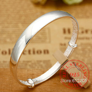 925 Silver Woman Cuff Bracelet Open Thick Glossy Adjustable Vintage Bangle