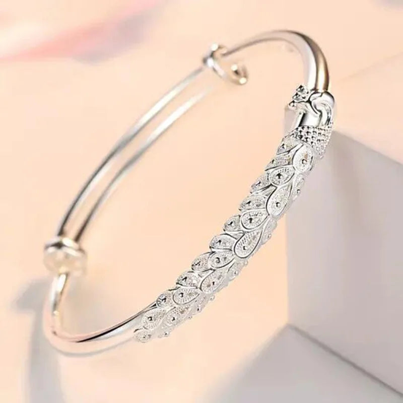925 Sterling Silver Peafowl Bangle Bracelet Girls Party Jewelry Christmas