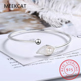 925 Silver Woman Pearl Cuff Bracelet Open Leaf Shape Adjustable Bangle