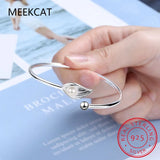 925 Silver Woman Pearl Cuff Bracelet Open Leaf Shape Adjustable Bangle