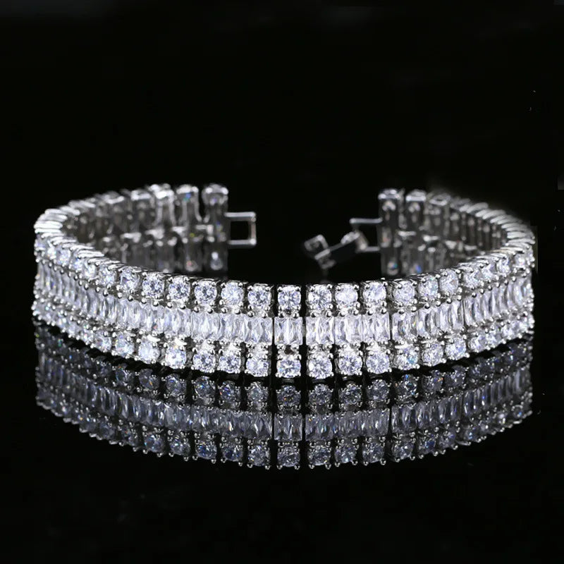 925 Silver Zircon Bracelet Wide 3 Rows Bride Wedding Jewelry