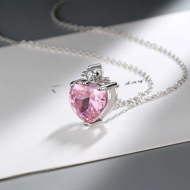 925 Sterling Silver Pink Heart Necklace For Women