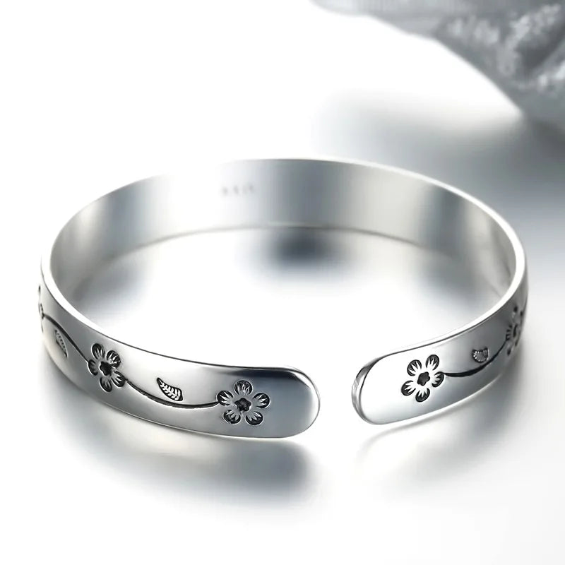 925 Silver Flower Bangles Cuff Bracelets for Women by PABEYN