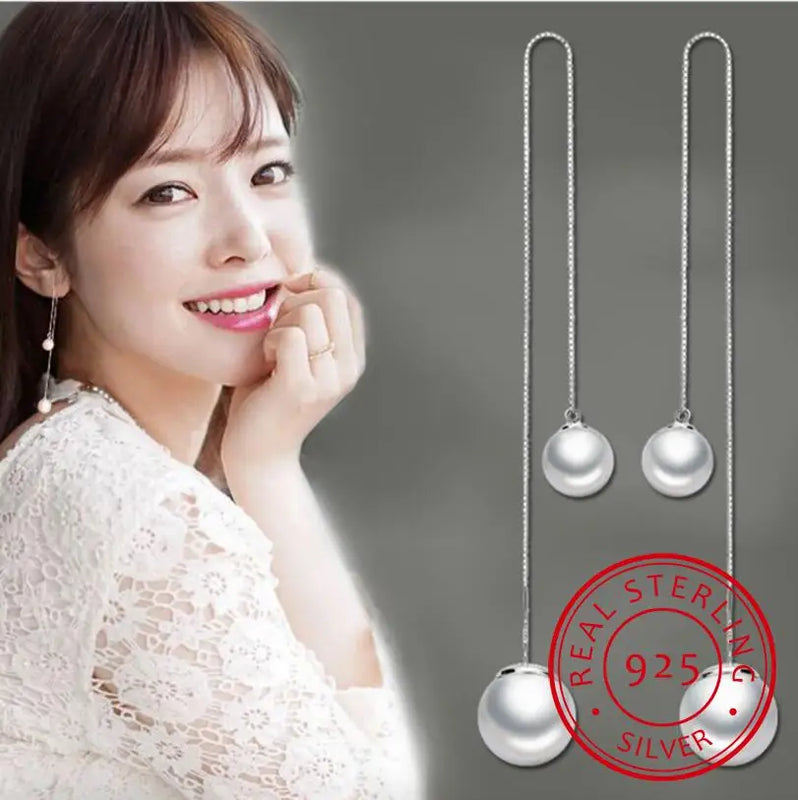 925 Sterling Silver Pearl Chain Ear Line Long Earrings For Women