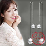 925 Sterling Silver Pearl Chain Ear Line Long Earrings For Women