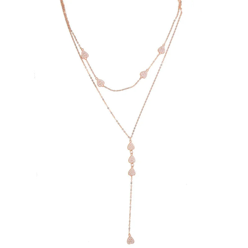 925 Silver Y Shape Double Chain Necklace with CZ Paved Rose Plated Link
