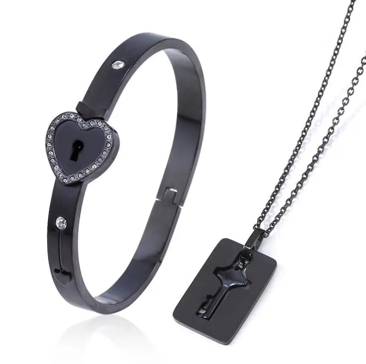 Heart Lock Bracelet & Key Necklace Stainless Steel Love Pendant Couples Set