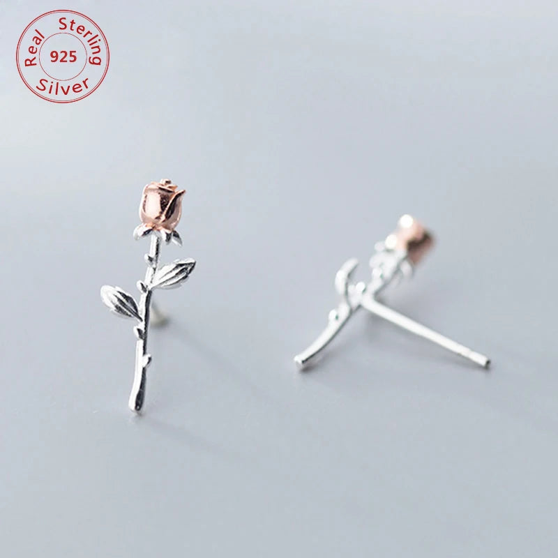 925 Sterling Silver Rose Flower Stud Earrings for Women - Plant Jewelry Gift