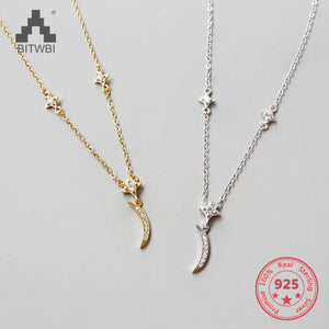 Zircon 925 Silver Moon & Stars Chain Necklace Pendant