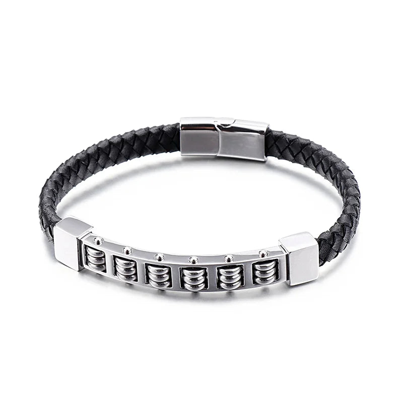 Men's Stainless Steel Abacus Bead Leather Bangle Bracelet