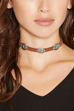 Boho Retro Metal Flower Plate Pine Stone Necklace
