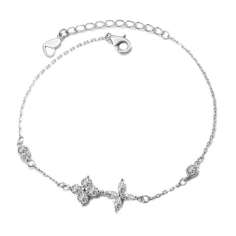 S925 Silver Diamond Gemstone Four Leaf Bracelet Lucky Clover Leaf Bracelet