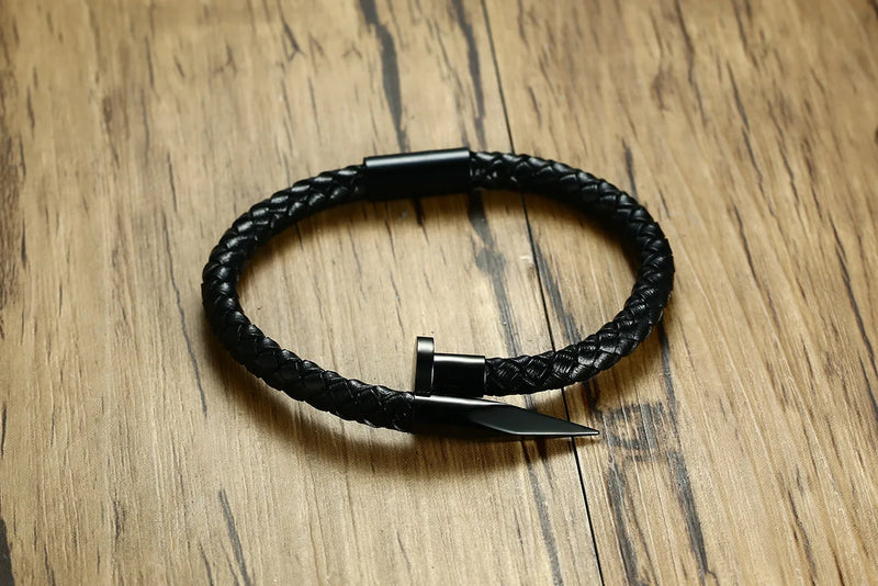 Stainless Steel Nail Leather Bracelet Magnetic Snap Bracelet