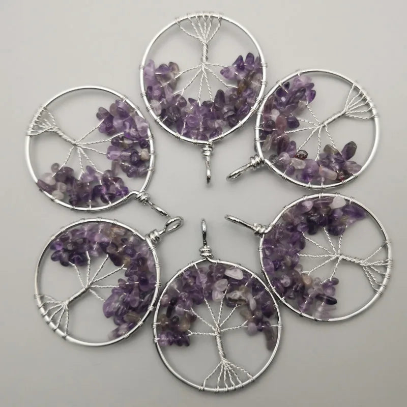 Amethyst Tree of Life Pendant 12pcs Chakra Reiki Healing Stone Necklace Jewelry