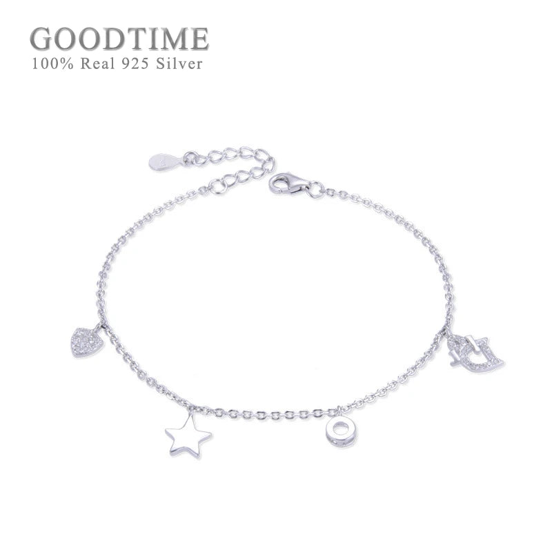925 Sterling Silver Heart & Star Zircon Anklet Foot Jewelry